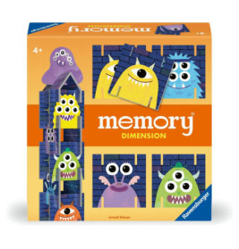Memory Dimension Spielschachtel mit bunten Comic-Monstern und blauen Memory-Karten auf der Vorderseite.