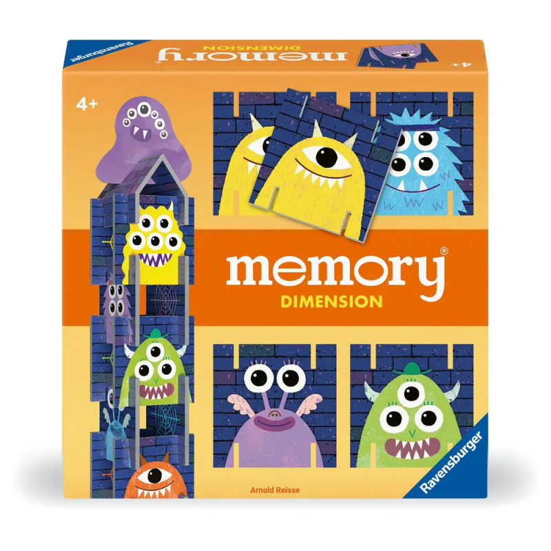 Memory Dimension Spielschachtel mit bunten Comic-Monstern und blauen Memory-Karten auf der Vorderseite.