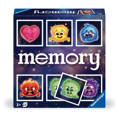 Ravensburger Memory-Spiel mit bunten Cartoon-Gesichtern vor blauem, sternenübersätem Hintergrund.