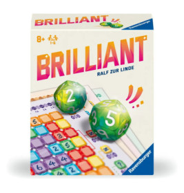 Box des Brettspiels Brilliant mit zwei bunten Würfeln und einem farbigen Raster-Spielblatt.