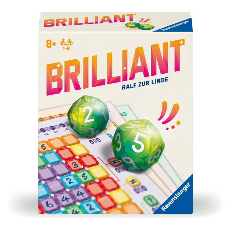 Box des Brettspiels Brilliant mit zwei bunten Würfeln und einem farbigen Raster-Spielblatt.