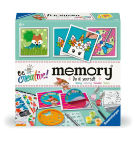 Sei kreativ! Memory-Spielbox mit bunten Tierkarten, Bastelmaterial und kreativen Aktivitäten.