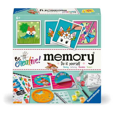 Sei kreativ! Memory-Spielbox mit bunten Tierkarten, Bastelmaterial und kreativen Aktivitäten.