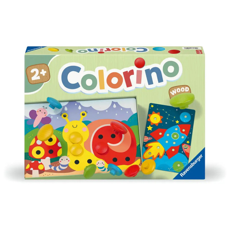 Colorino-Spiel für Kinder ab 2 Jahren, mit bunten Holzsteinen und illustrierten Spielkarten auf der Verpackung. Colorino-Spiel für Kinder ab 2 Jahren, mit bunten Holzsteinen und illustrierten Spielkarten auf der Verpackung.