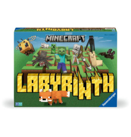 Minecraft Labyrinth Brettspiel-Box mit Spielfiguren und Fuchs vor grasgrünem Labyrinth-Hintergrund.