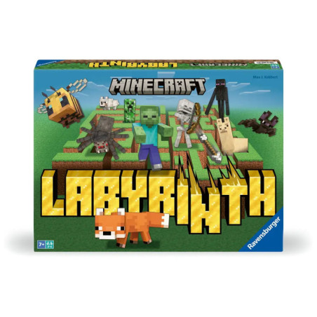 Minecraft Labyrinth Brettspiel-Box mit Spielfiguren und Fuchs vor grasgrünem Labyrinth-Hintergrund.