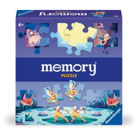 Ravensburger Memory-Spiel mit Comic-Tieren, Seerosen und blauem Hintergrund, ab 4 Jahren.