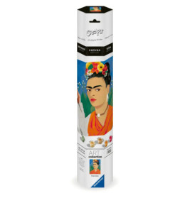Zylindrisches Kunstset mit gemaltem Frida-Kahlo-Porträt und Blumenkranz auf der Verpackung.