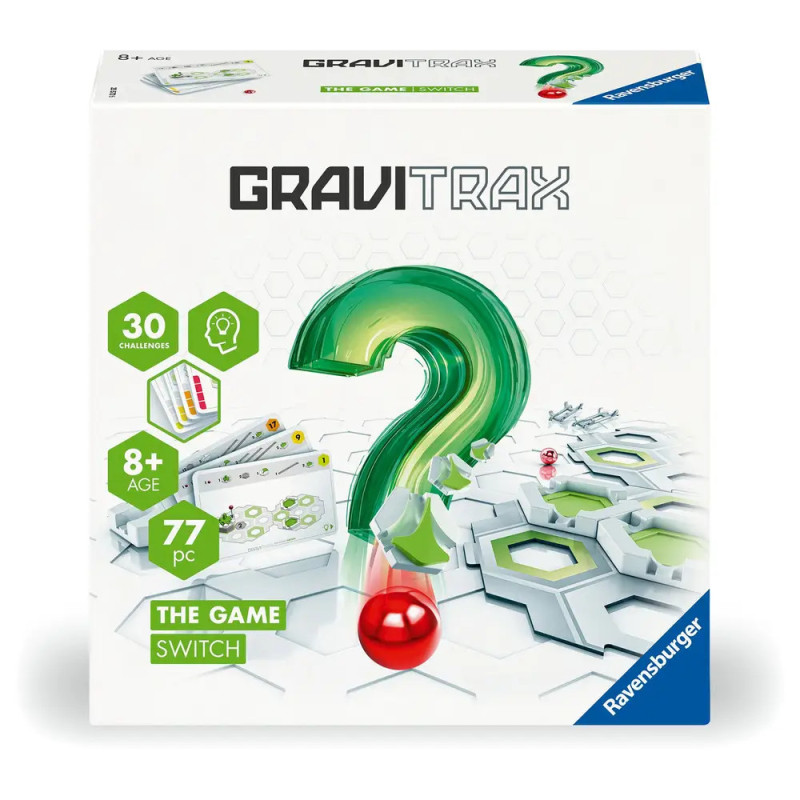 Gravitrax Switch Box: Grünes Fragezeichen, 77 Teile, ab 8 Jahren, 30 Herausforderungen auf der Vorderseite.
