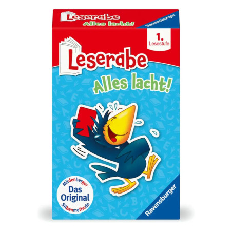 Bunte Leselabe-Box mit lächelndem Cartoon-Raben auf blauem Hintergrund und deutscher Schrift.