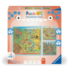 Vorderseite einer Ravensburger PuzzleUP!-Box mit drei bunten Puzzles à 100, 121 und 144 Teilen.