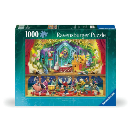 Ravensburger Puzzle, 1000 Teile: Bunte, verspielte Bühnenszene mit Tieren und Menschen auf dem Karton.