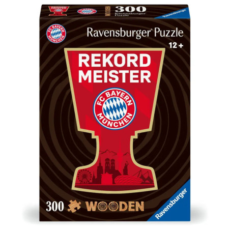 Ravensburger 300 Teile Puzzle mit FC Bayern München, rotem Pokal-Motiv und Rekord Meister-Schriftzug.
