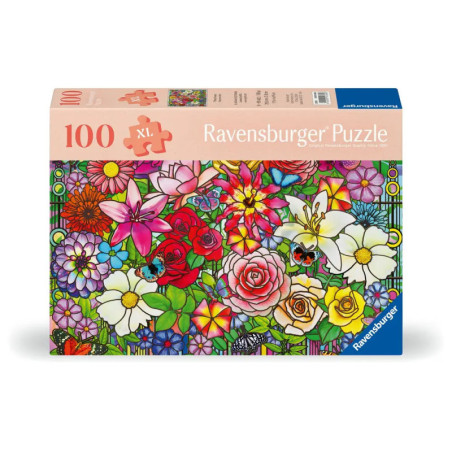 Ravensburger Puzzlebox mit 100 XL-Teilen und farbigem Blumenmotiv mit Schmetterlingen.