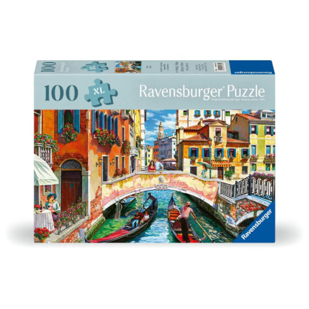 Ravensburger Puzzle, 100 Teile, mit farbenfrohem Venedig-Motiv: Kanal, Gondeln und Gebäude.