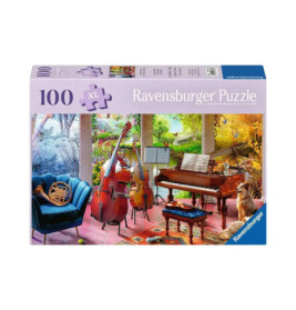 Ravensburger Puzzle, 100 Teile: Musikzimmer mit Instrumenten, Hund und Blick in den Garten auf der Verpackung.