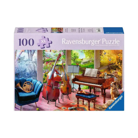 Ravensburger Puzzle, 100 Teile: Musikzimmer mit Instrumenten, Hund und Blick in den Garten auf der Verpackung.
