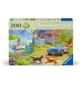 Ravensburger Puzzle mit 200 Teilen zeigt See, Haus, Hunde, Boot und Oldtimer in einer lebendigen Szenerie.