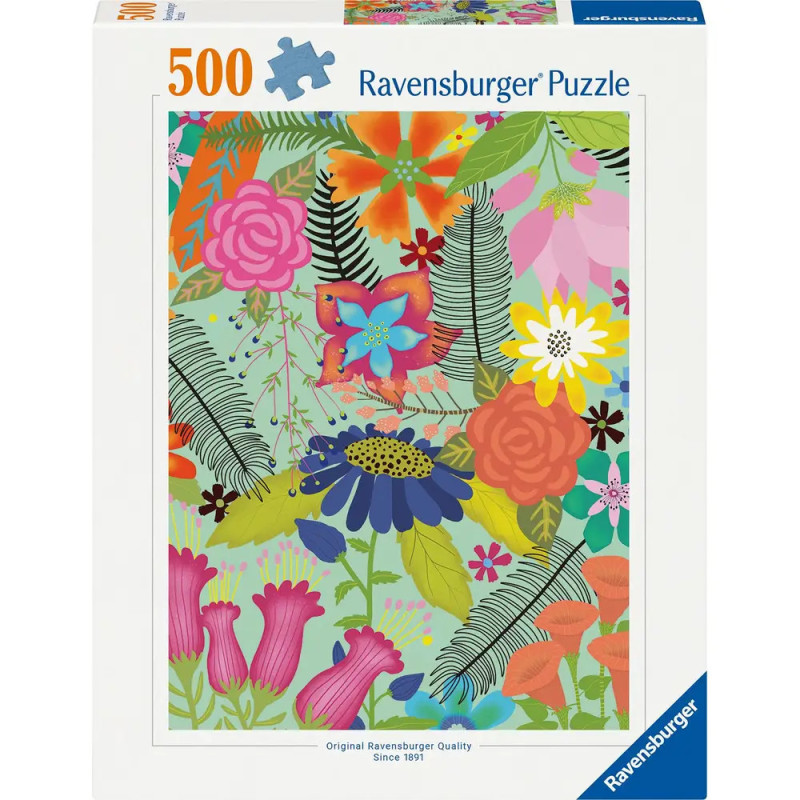 Ravensburger Puzzlebox mit bunten, illustrierten Blumen und Blättern, 500 Teile. Ravensburger Puzzlebox mit bunten, illustrierten Blumen und Blättern, 500 Teile.