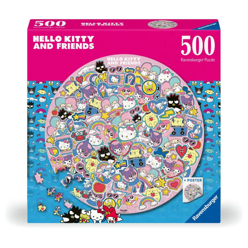Ravensburger Puzzle mit 500 Teilen: Hello Kitty und Freunde in farbenfrohen, verspielten Motiven auf der Schachtel.