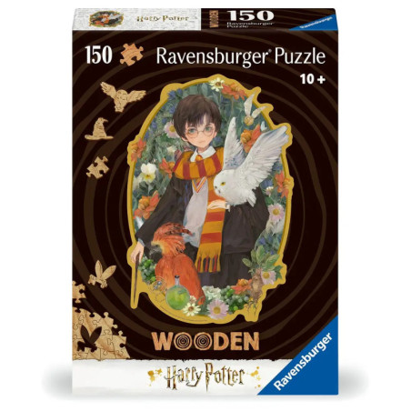 Schachtel mit 150-teiligem Ravensburger Harry Potter Holzpuzzle, zeigt Harry, Hedwig und Fawkes auf dem Cover.