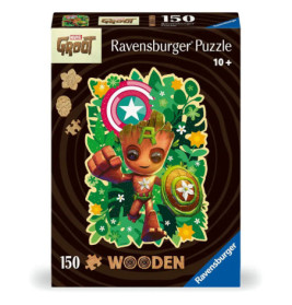 Box eines 150-teiligen Ravensburger Holzpuzzles mit Baby Groot als Captain America.