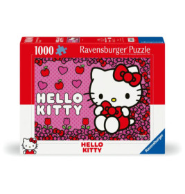 Ravensburger Hello Kitty Puzzle, 1000 Teile: Hello Kitty mit roter Schleife und Äpfeln vor rosa Hintergrund auf der Box.