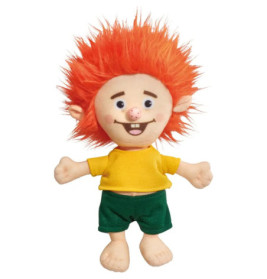 Plüschpuppe mit stacheligen orangen Haaren, gelbem Shirt und grüner Shorts, lächelt mit offenen Armen.