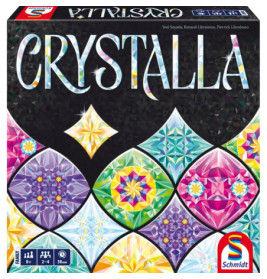 Bunte, geometrische Edelsteinmuster und CRYSTALLA auf einem Schmidt-Spiel ab 8 Jahren.