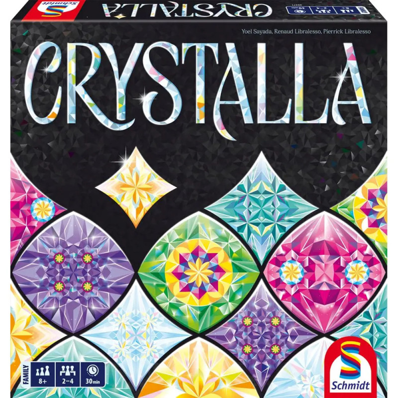 Bunte, geometrische Edelsteinmuster und CRYSTALLA auf einem Schmidt-Spiel ab 8 Jahren.