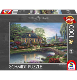 Puzzlebox mit Motiv: Ein Häuschen am Teich mit Schwänen, Steinbrücke und blühenden, farbenfrohen Gärten.