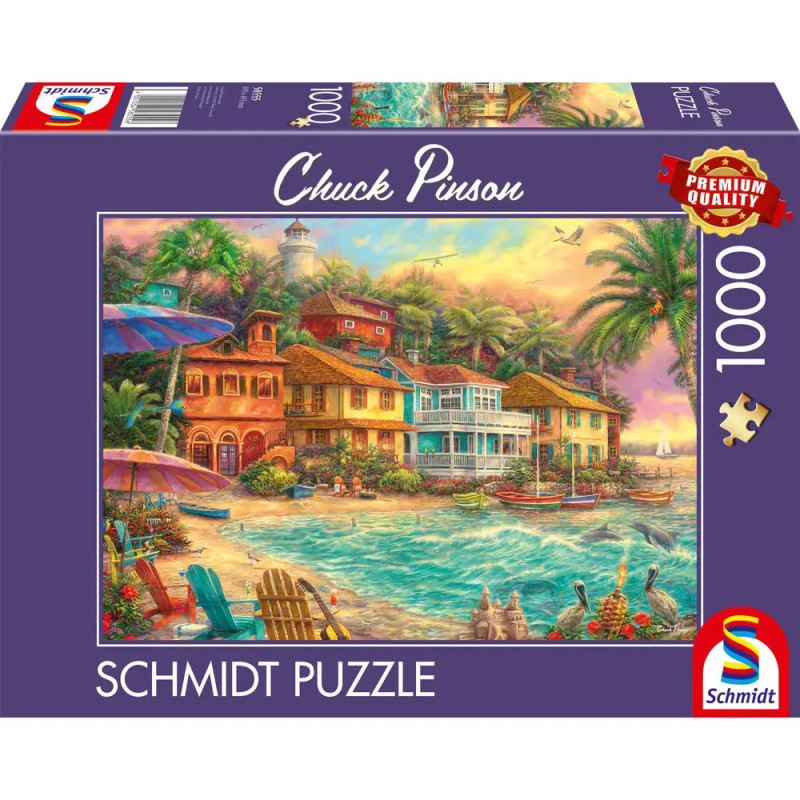 Puzzle zeigt ein buntes Küstendorf mit Palmen, Häusern und Leuchtturm bei Sonnenuntergang. Puzzle zeigt ein buntes Küstendorf mit Palmen, Häusern und Leuchtturm bei Sonnenuntergang.