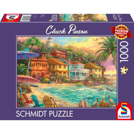 Puzzle zeigt ein buntes Küstendorf mit Palmen, Häusern und Leuchtturm bei Sonnenuntergang. Puzzle zeigt ein buntes Küstendorf mit Palmen, Häusern und Leuchtturm bei Sonnenuntergang.