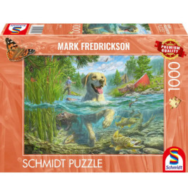 Puzzlebox mit fröhlichem Hund, der im See schwimmt Fische, Menschen und ein Kanu im Hintergrund.