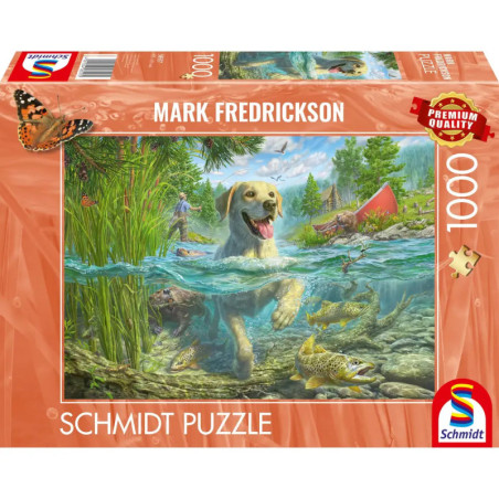 Puzzlebox mit fröhlichem Hund, der im See schwimmt Fische, Menschen und ein Kanu im Hintergrund.