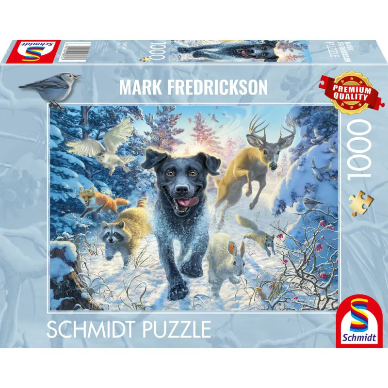 Puzzlebox mit Abbildung eines schwarzen Hundes, der im Schnee durch einen winterlichen Wald mit Wildtieren läuft.