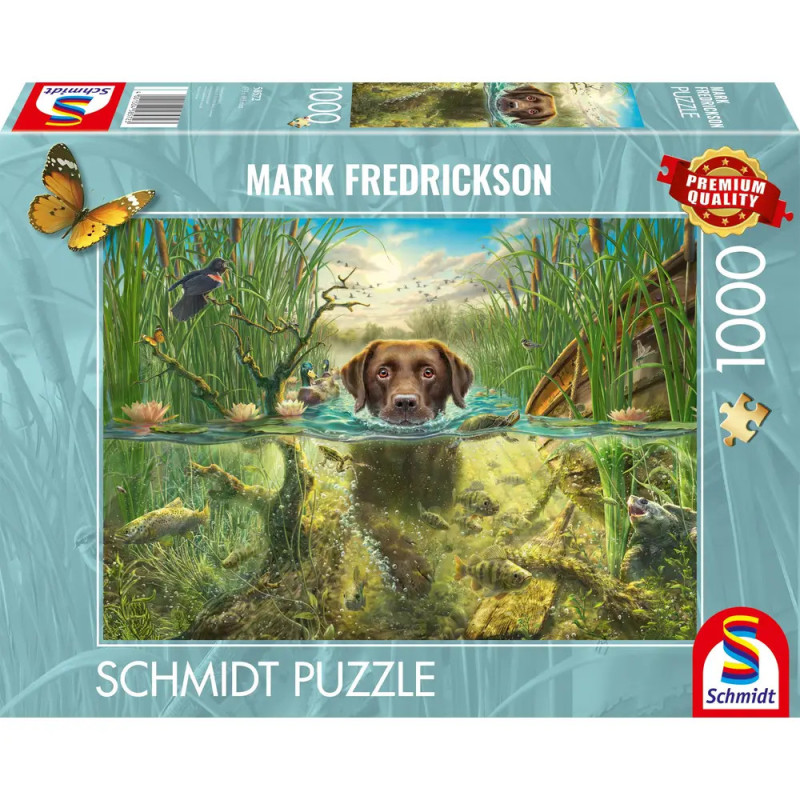 Schmidt Puzzle (1000 Teile): Ein Hund schwimmt im Teich, umgeben von Fischen, Pflanzen und Schmetterlingen.