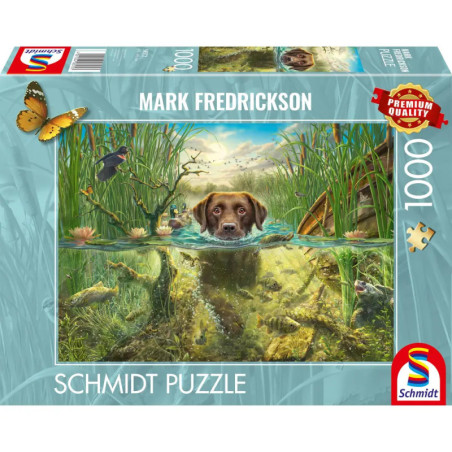 Schmidt Puzzle (1000 Teile): Ein Hund schwimmt im Teich, umgeben von Fischen, Pflanzen und Schmetterlingen.