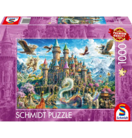 Schmidt Puzzle, 1000 Teile: Schachtel zeigt eine Fantasy-Burg mit Drachen und Fabelwesen.