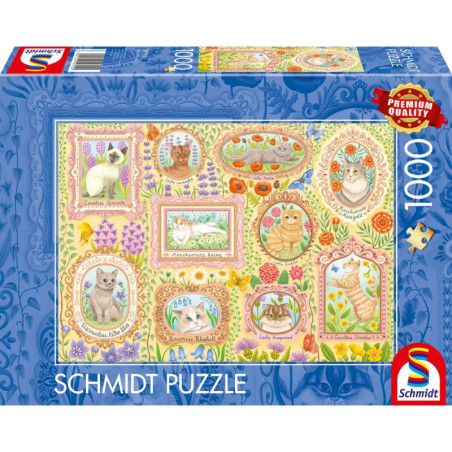 Schmidt-Puzzle mit 1000 Teilen zeigt Katzenillustrationen im Rahmen, umgeben von bunten Blumen. Schmidt-Puzzle mit 1000 Teilen zeigt Katzenillustrationen im Rahmen, umgeben von bunten Blumen.