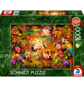 Puzzlebox mit lebendiger Waldszene: Füchse, Vögel, Reh, Eichhörnchen und bunte Blumen.