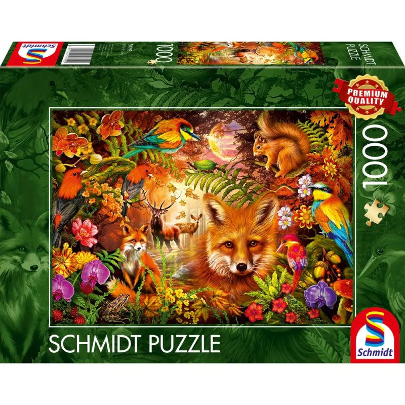 Puzzlebox mit lebendiger Waldszene: Füchse, Vögel, Reh, Eichhörnchen und bunte Blumen.