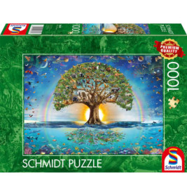 Schmidt Puzzlebox mit 1000 Teilen, zeigt farbenfrohen Baum des Lebens, Tiere und einen Regenbogen.