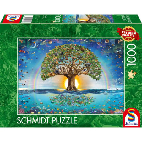 Schmidt Puzzlebox mit 1000 Teilen, zeigt farbenfrohen Baum des Lebens, Tiere und einen Regenbogen.