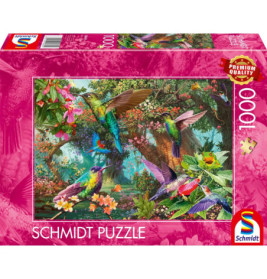 Schmidt Puzzle mit 1000 Teilen zeigt bunte Kolibris in einem lebhaften, tropischen Garten.