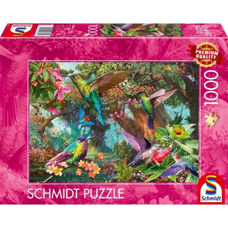Schmidt Puzzle mit 1000 Teilen zeigt bunte Kolibris in einem lebhaften, tropischen Garten.