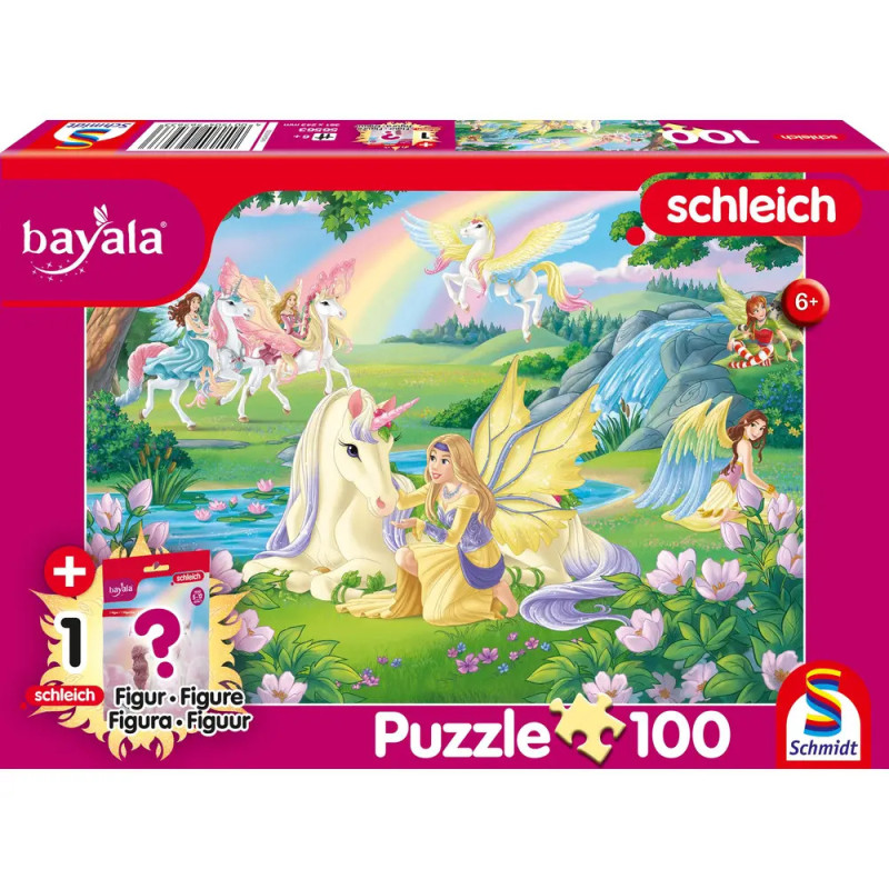 Bunte Puzzlebox mit Feen und Einhörnern in Zauberlandschaft, geeignet ab 6 Jahren, enthält 100 Teile.