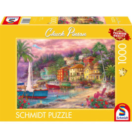 Schmidt Puzzle mit 1000 Teilen: Bunte Boote und Häuser am Wasser, illustriert von Chuck Pinson.