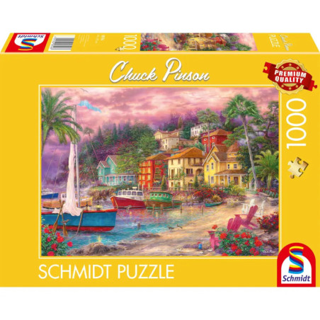 Schmidt Puzzle mit 1000 Teilen: Bunte Boote und Häuser am Wasser, illustriert von Chuck Pinson.