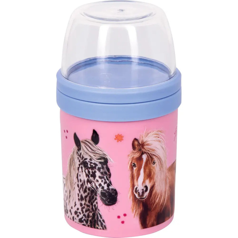 Rosa Behälter mit blauem Deckel, Klardom und Bildern von zwei Pferden: einem gefleckten und einem braunen.